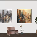 Modern Living Room Decor With Cityscape Paintings Armchair And Potted Plant