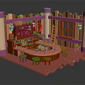 Vibrant Cartoon Tavern Interior With Pink Purple Pillars Wooden Bar Green Stools Ladder And Windows