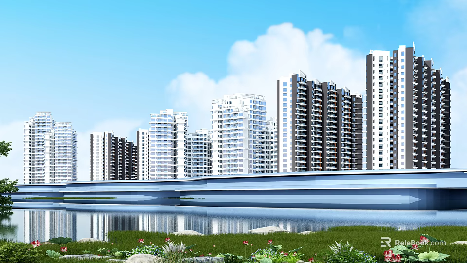 High-Rise Residential Buildings with River Green Space and Bridge Under Blue Sky and White Clouds 3d model 