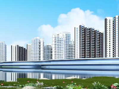 High-Rise Residential Buildings with River Green Space and Bridge Under Blue Sky and White Clouds 3d model
