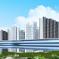 High-Rise Residential Buildings with River Green Space and Bridge Under Blue Sky and White Clouds
