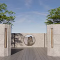 Scenic Wall with circular opening surrounded by trees and paved ground under blue sky 3d model