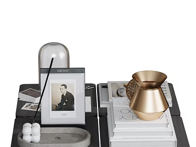 Elegant Decorative Ornament Set With Glass Dome Photo Frame Golden Vessel And Stacked Books 3d model