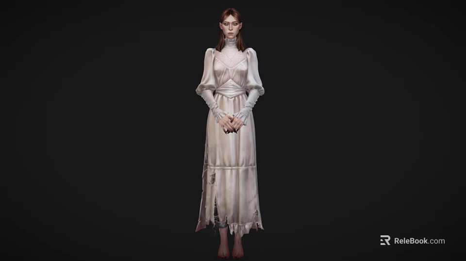 Woman in light colored long dress wearing glasses with hands crossed standing against black background 3d model 