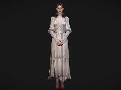 Woman in light colored long dress wearing glasses with hands crossed standing against black background 3d model