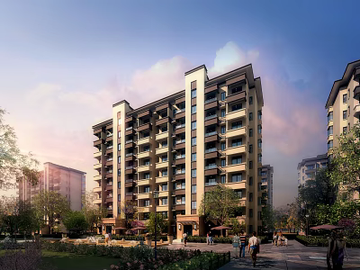 Mid Rise Modern Residential Building Exterior With Greenery Trees Lawn And Evening Sky 3d model