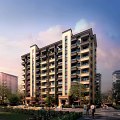 Mid Rise Modern Residential Building Exterior With Greenery Trees Lawn And Evening Sky