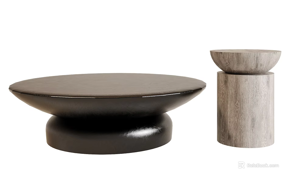 Black Round Coffee Table With Thick Base And Wooden Design For Modern Living Room 3d model 