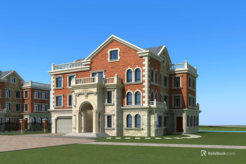 Detached Villa Red Brick Exterior With Balconies Light Stone Accents Front Lawn Driveway 3d model 