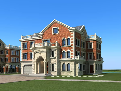 Detached Villa Red Brick Exterior With Balconies Light Stone Accents Front Lawn Driveway 3d model