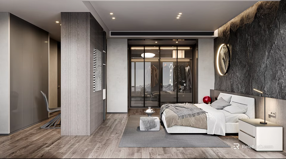 Modern Bedroom Interior With Glass Wardrobe Bed Linens Gray Rug And Wooden Flooring 3d model 