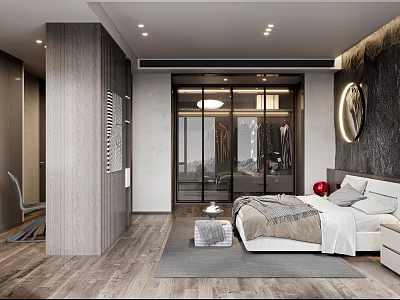 Modern Bedroom Interior With Glass Wardrobe Bed Linens Gray Rug And Wooden Flooring 3d model