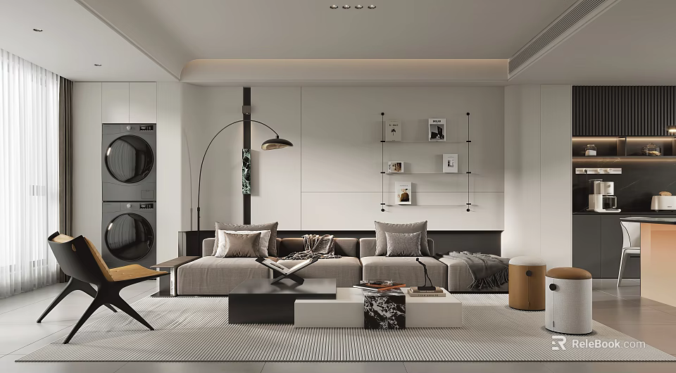 Modern Living and Dining Room Interior With Sofa Coffee Table Floor Lamp and Bookshelves 3d model 