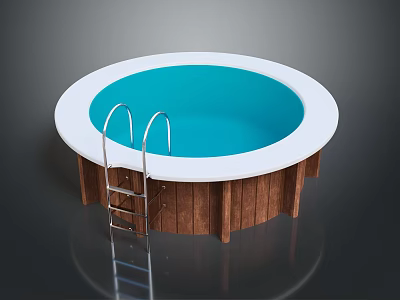 Round Swimming Pool With Wooden Frame White Edge And Blue Water Metal Ladder Design 3d model