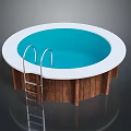 Round Swimming Pool With Wooden Frame White Edge And Blue Water Metal Ladder Design