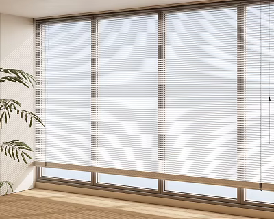 White Venetian Blinds Covering Window With Natural Light Green Plant And Wooden Floor 3d model