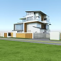 Modern Detached Villa With Large Glass Windows Lawn And Circular Driveway