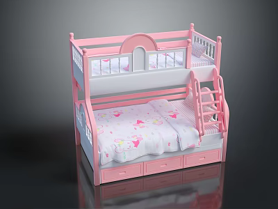 Pink Bunk Bed With Ladder Drawers And Cartoon Pattern Mattress For Kids Room 3d model