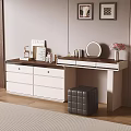 Modern Dressing Table with White Brown Drawers Round Mirror and Cube Stool in Bedroom Interior 3d model