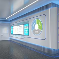Modern Exhibition Hall Interior With Reception Desk Blue Sofas Display Screens Lighting And Polished Floor