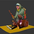 Game Film Character in Green Hoodie With Clown Makeup Holding Rifle Sitting on Red Barrel