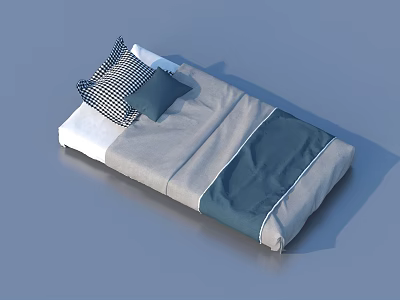 Simple Modern Bed Set With Gray Blue Bedspread And Checkered Pillows 3d model