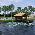 Picturesque Waterfront Landscape With Lotus Leaves Flowers Thatched Pavilions And Lush Trees