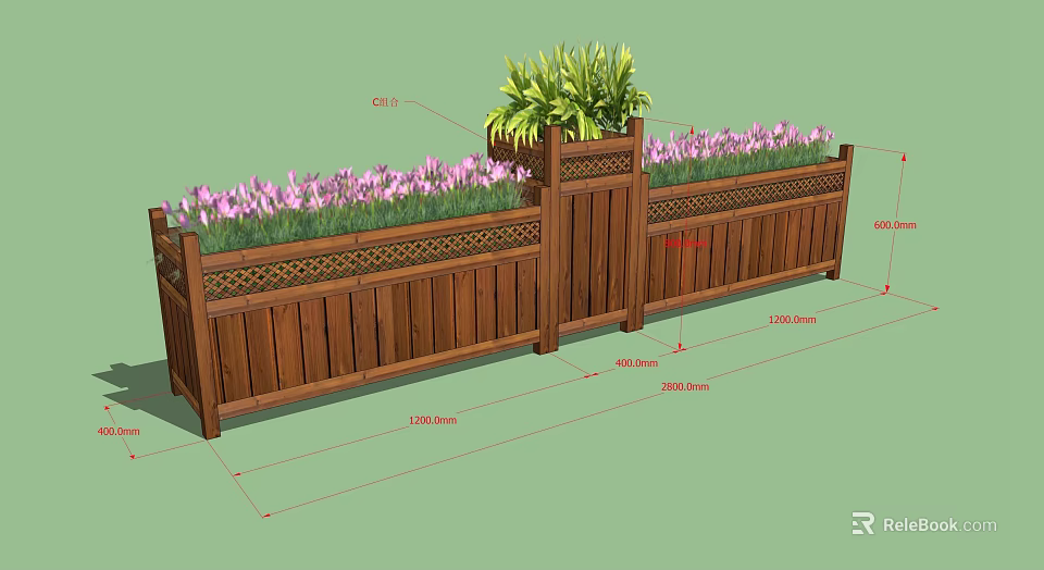 Wooden Garden Planter Boxes With Purple Flowers Green Plants And Lattice Design 3d model 