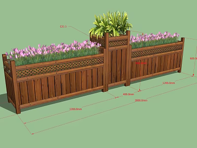 Wooden Garden Planter Boxes With Purple Flowers Green Plants And Lattice Design 3d model