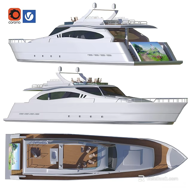 Luxury White Yacht Exterior And Interior Design With Comfortable Seating And Wooden Flooring 3d model 