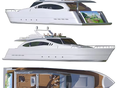 Luxury White Yacht Exterior And Interior Design With Comfortable Seating And Wooden Flooring 3d model