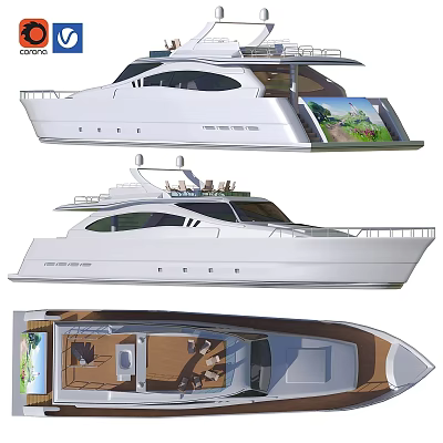 Luxury White Yacht Exterior And Interior Design With Comfortable Seating And Wooden Flooring 3d model