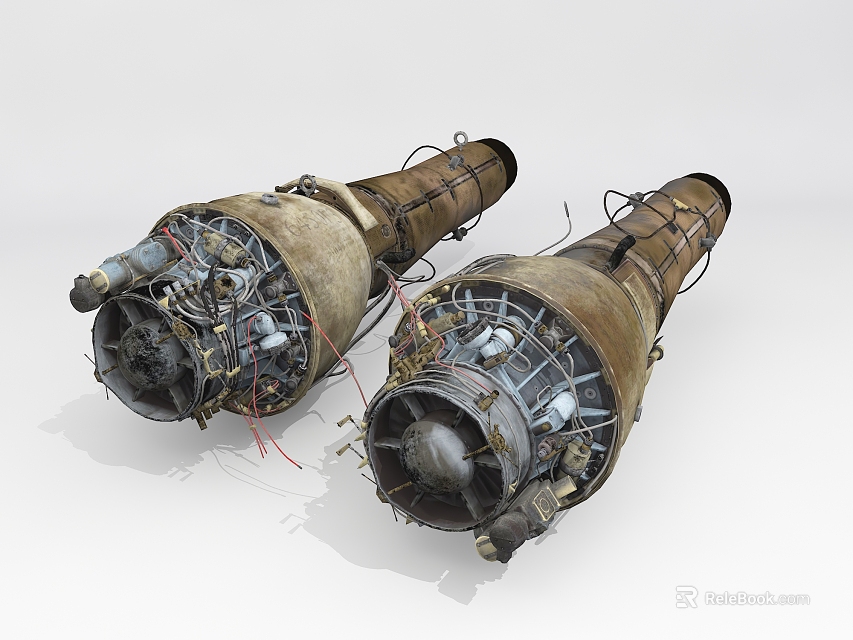 Two Old Rusted And Worn Aircraft Engines With Internal Structure And Pipes 3d model 