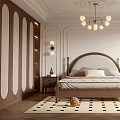 Elegant Bedroom Interior With Wooden Arched Headboard Globes Chandelier And Black White Checkered Rug
