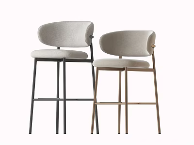 Two Light Gray Upholstered Bar Stools With Black Metal And Wooden Legs And Backrests 3d model