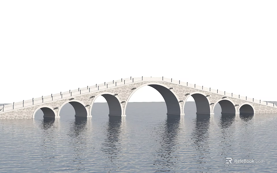 Traditional Stone Landscape Bridge With Multiple Arches Railings And Water Reflection 3d model