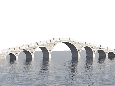 Traditional Stone Landscape Bridge With Multiple Arches Railings And Water Reflection 3d model