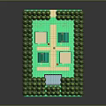 Scenic Residential Landscape With Green Trees Blue Roof Houses Small Pond And Pathways