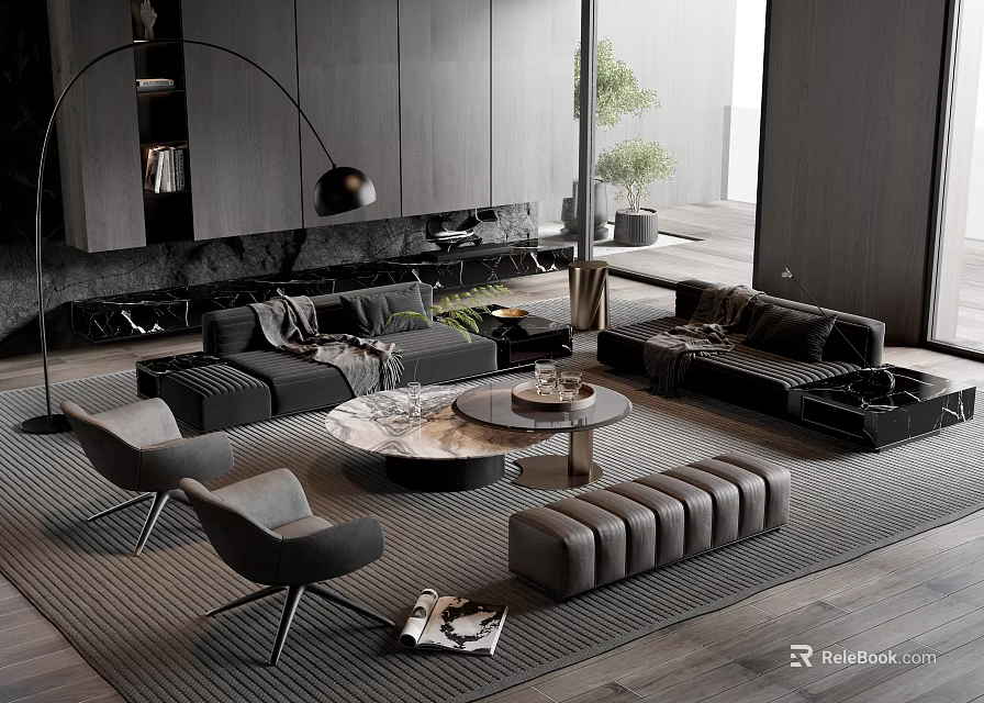 Modern Sofa Coffee Table Set With Gray Upholstery And Accent Chairs And Area Rug 3d model 