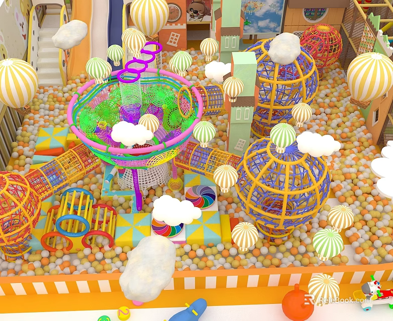 Colorful Commercial Playground Equipment With Ball Pool Climbing Structures And Umbrella Decorations 3d model 