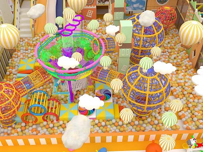 Colorful Commercial Playground Equipment With Ball Pool Climbing Structures And Umbrella Decorations 3d model