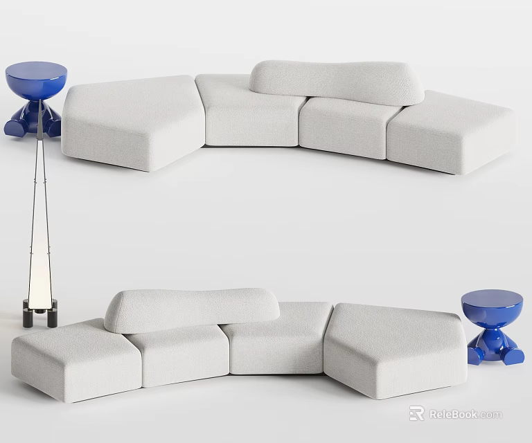 White Curved Modular Sofa with Blue Stools and Glass Floor Lamp 3d model