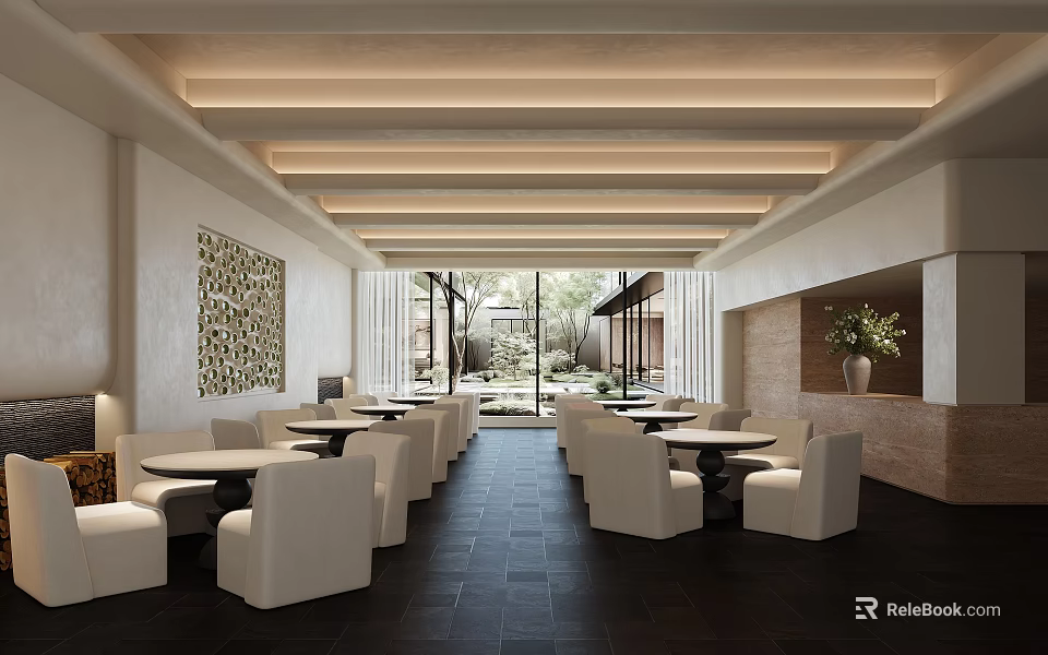 Modern Hotel Lobby Interior With White Tables Chairs Dark Tiled Floor And Strip Lighting 3d model 