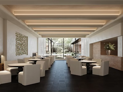 Modern Hotel Lobby Interior With White Tables Chairs Dark Tiled Floor And Strip Lighting 3d model