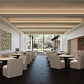 Modern Hotel Lobby Interior With White Tables Chairs Dark Tiled Floor And Strip Lighting