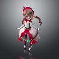 Cartoon Style 3D Character Model With Pink Braided Pigtails Red Headpiece And Colorful Outfit