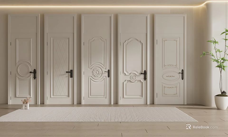 White Hinged Doors with Various Carved Patterns and Classic Design Styles 3d model 