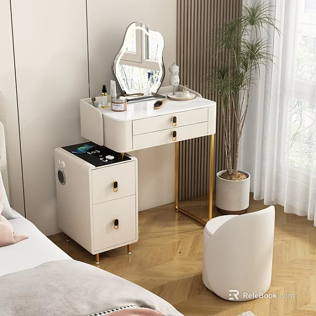 Modern White Dressing Table With Golden Legs Mirror Drawers And Potted Plant 3d model 