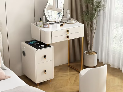 Modern White Dressing Table With Golden Legs Mirror Drawers And Potted Plant 3d model