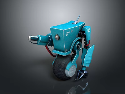 Blue Robot Character Design Featuring Wheels Mechanical Arm Eye Light And Antenna 3d model